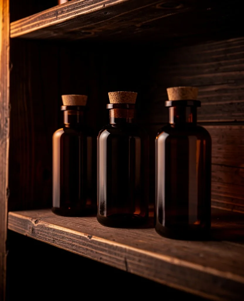 Amber glass supplement bottles on dark shelf
