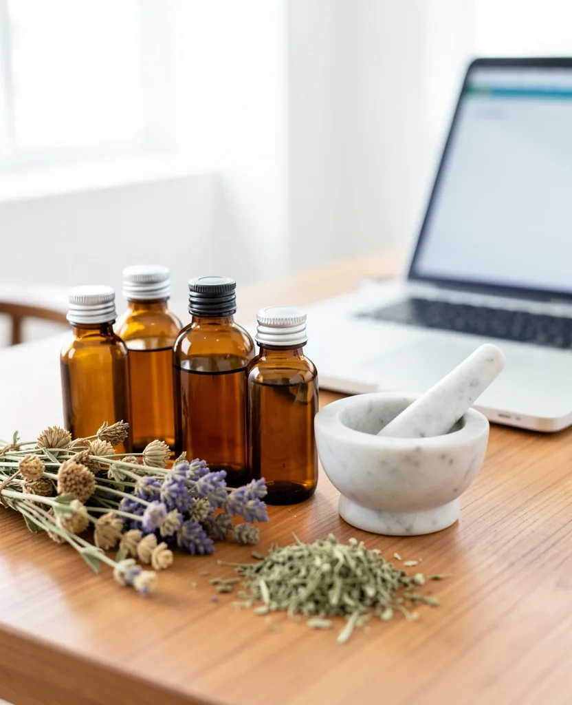 Editorial desk with amber supplement bottles and botanical elements