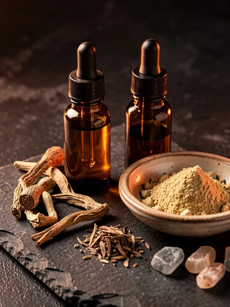 Natural supplement ingredients on dark stone
