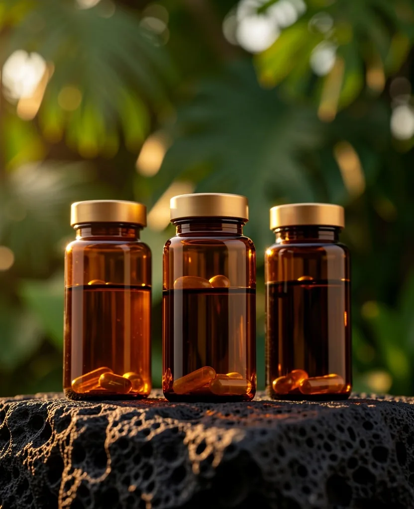 Amber glass supplement bottles on a dark surface