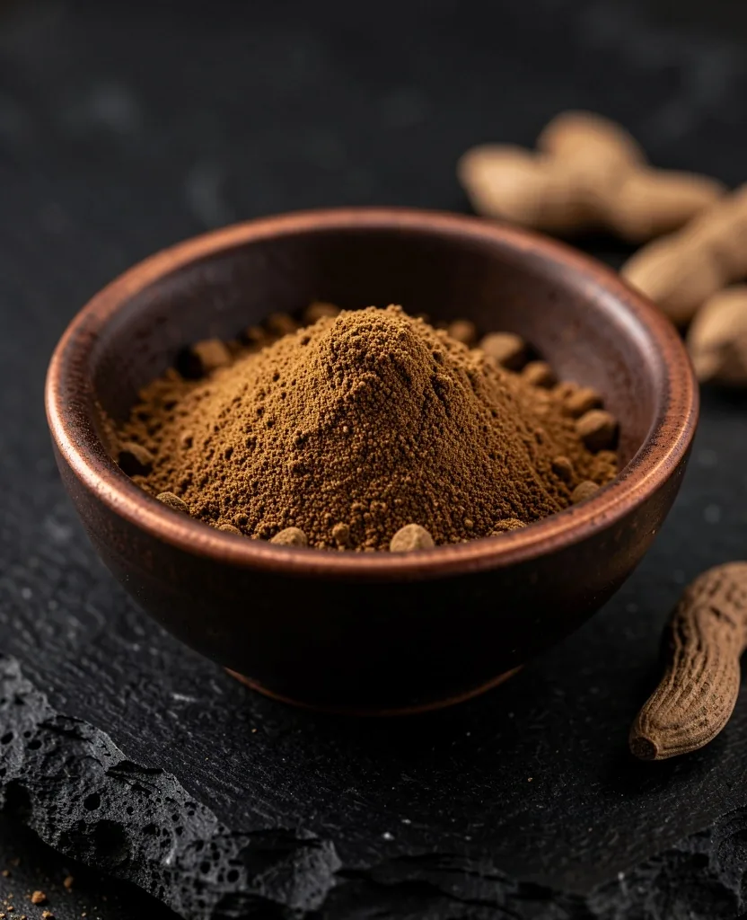 Dried Ashwagandha root powder in a bowl