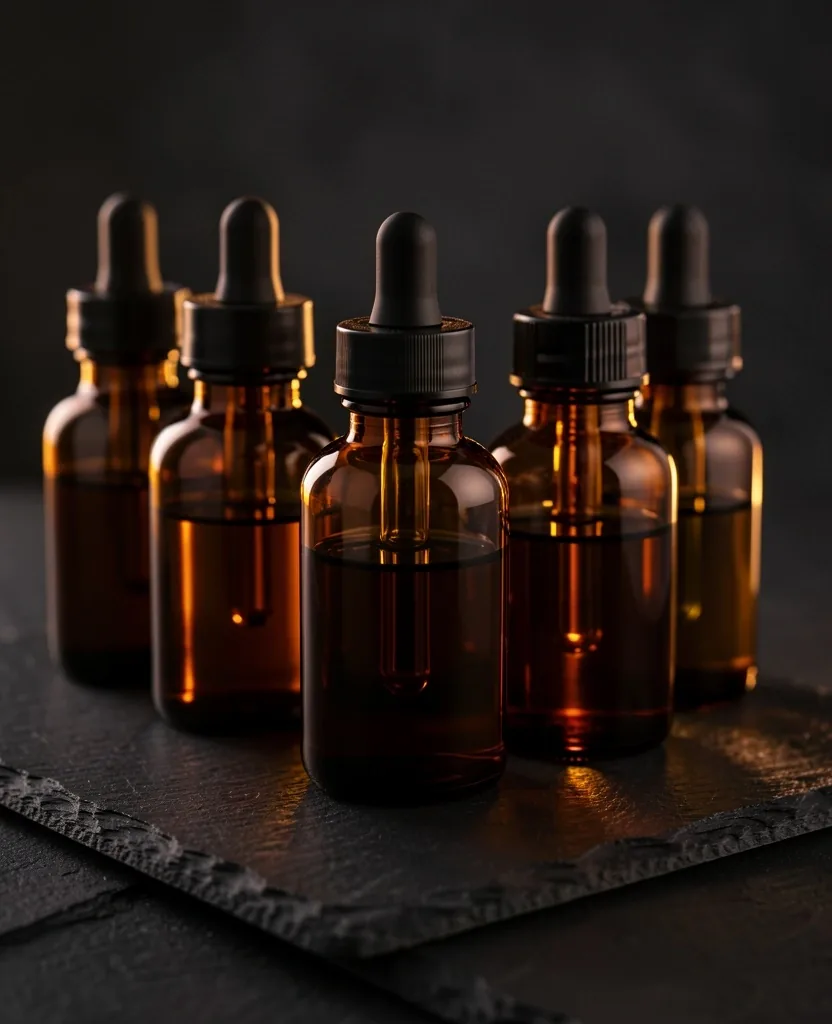 Amber glass tincture bottles on slate