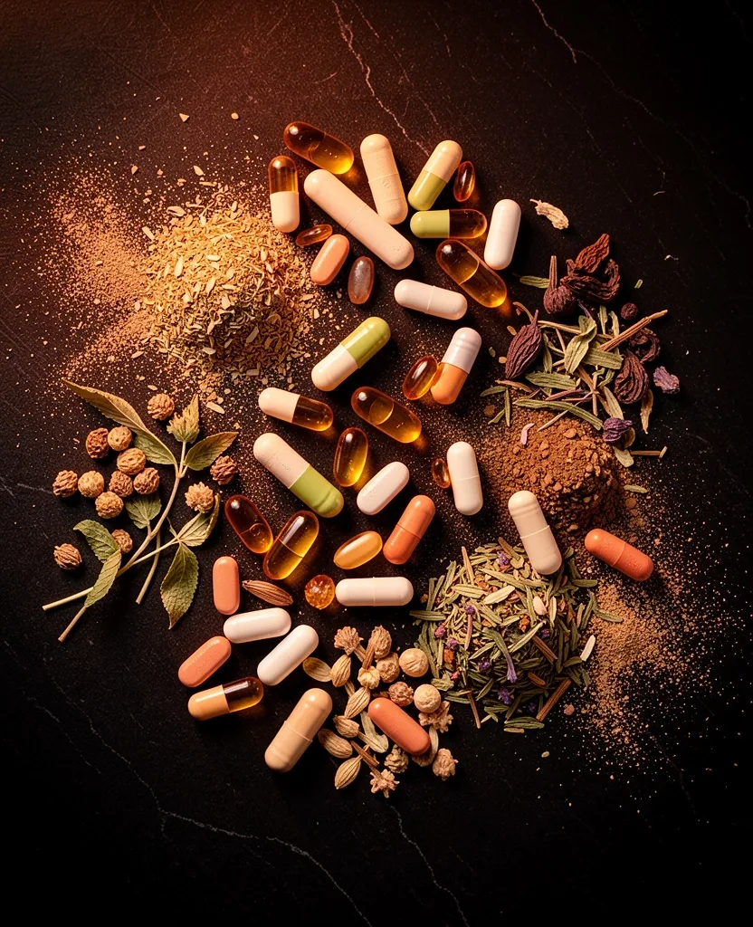 Capsules and herbs arranged on dark surface