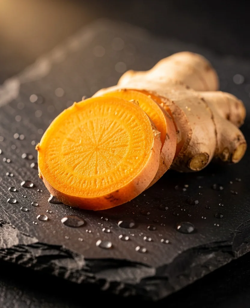 Turmeric and ginger root on stone