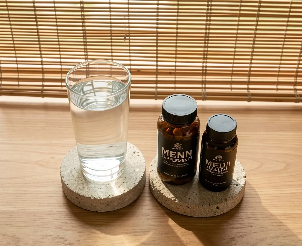 Dark amber glass supplement bottles with botanical elements on stone