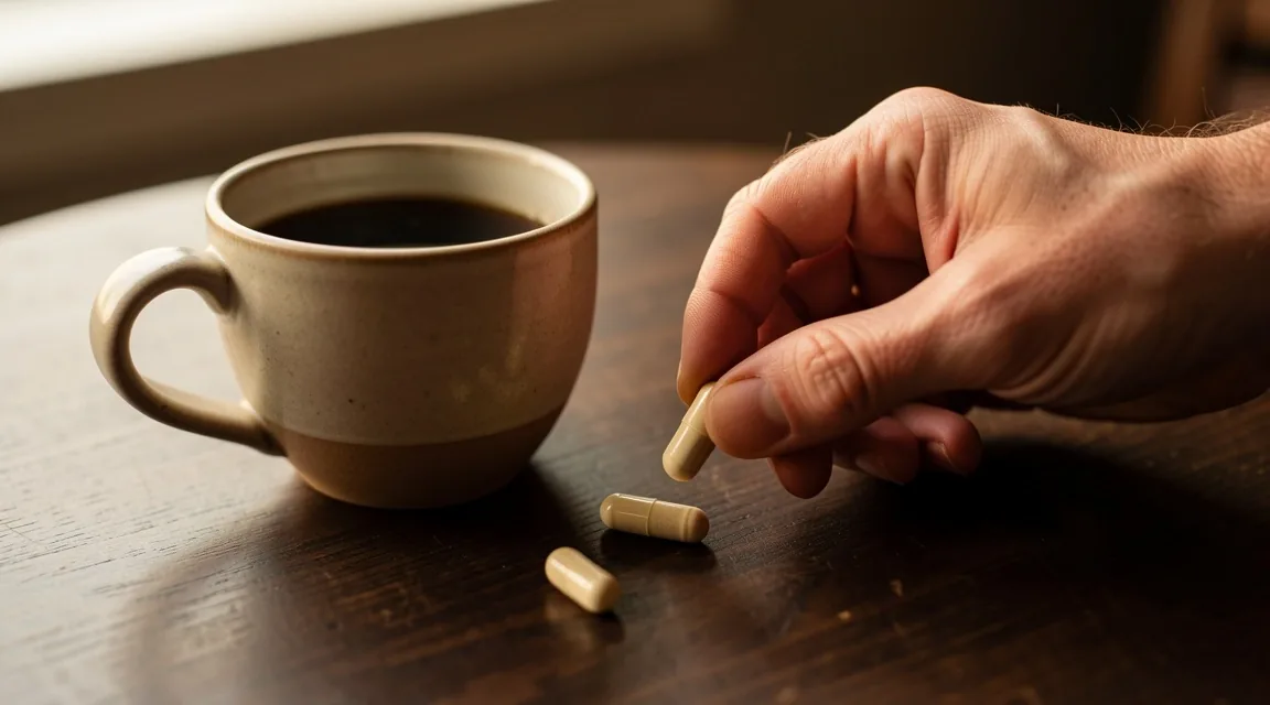 Hand placing a supplement capsule next to morning coffee