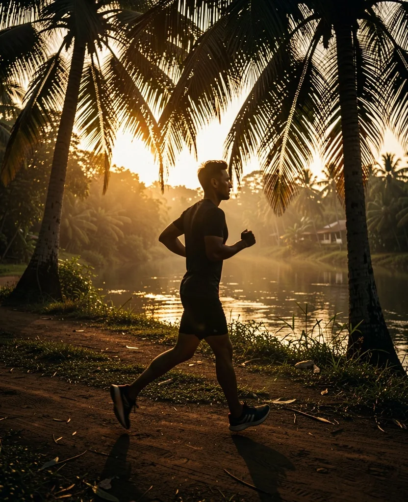 Man jogging at dawn along a tropical riverside path