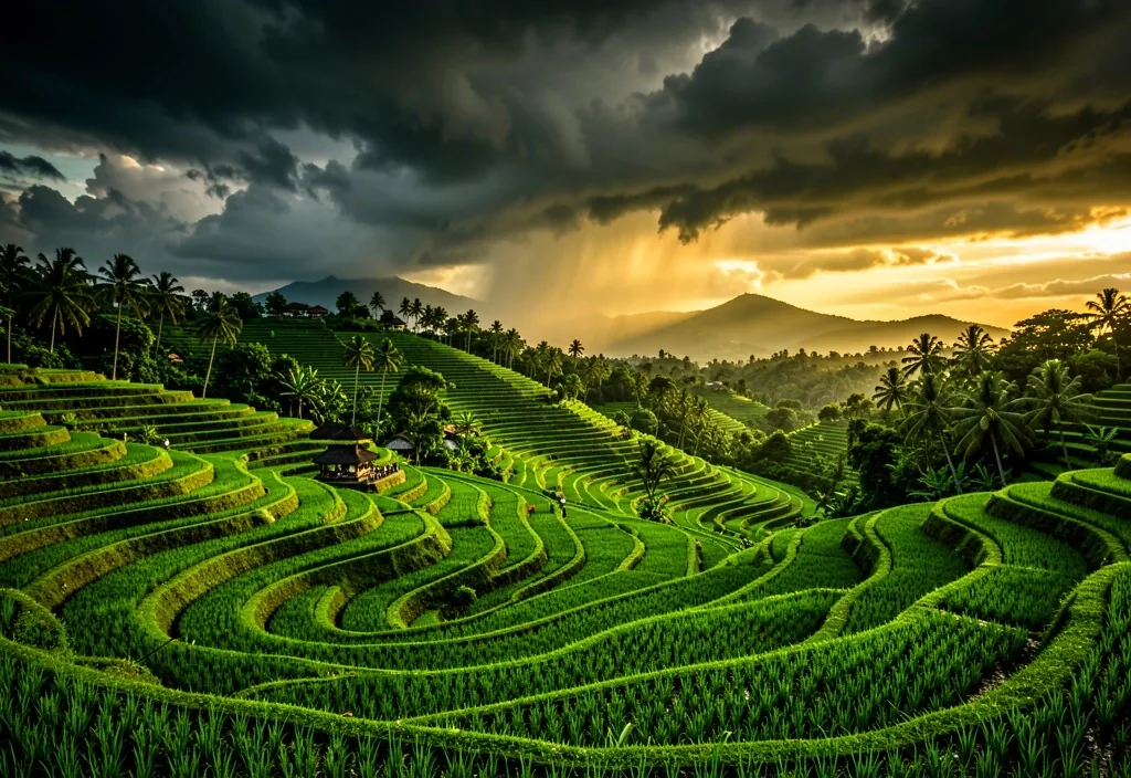 Tropical Indonesian landscape at golden hour between seasons