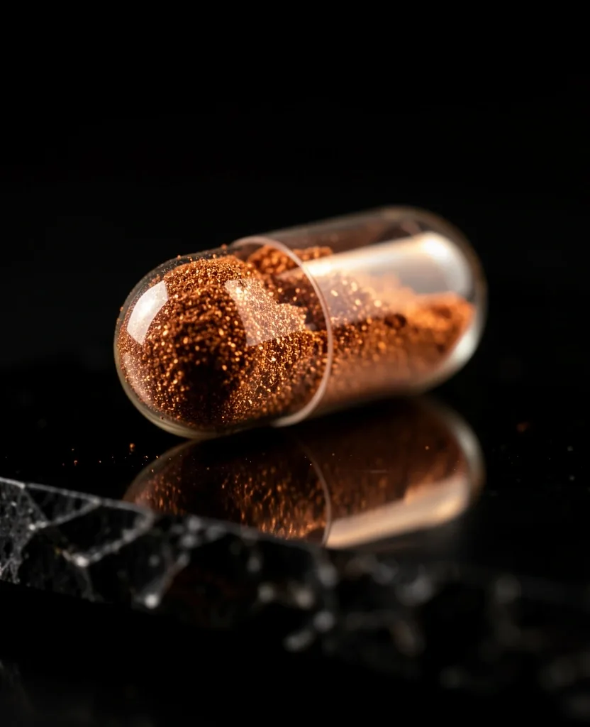 Capsule with mineral powder on dark surface