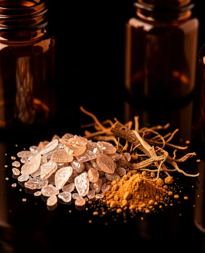 Raw mineral crystals and botanical powders on dark surface