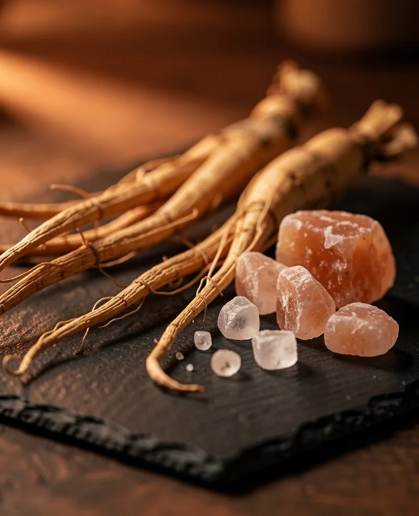 Botanical roots and mineral ingredients on dark surface