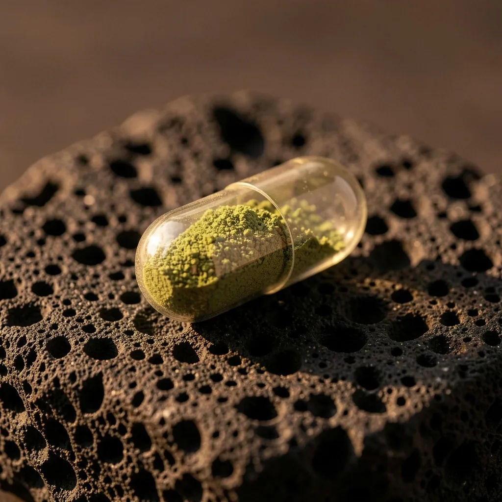 Single capsule with botanical powder on stone