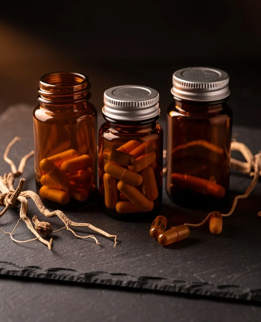 Amber glass supplement bottles on dark stone