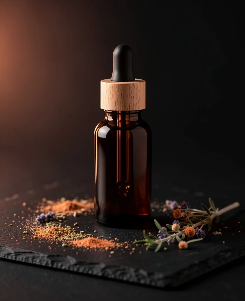Dark amber glass supplement bottle on slate